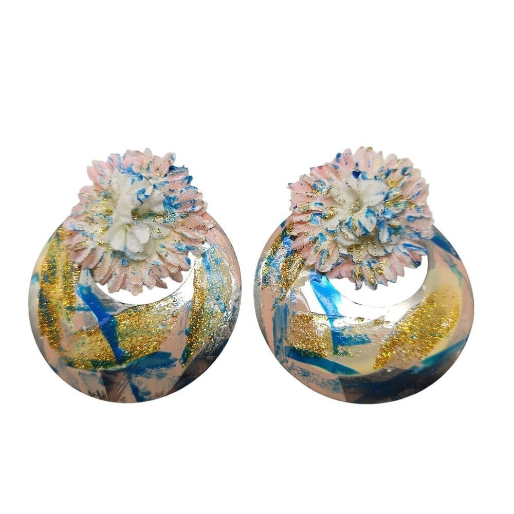 Vintage 1980s Floral Enamel Earrings With Pink Gold Glitter Blue Accents